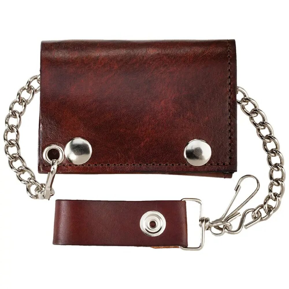 Brown Genuine Leather Trifold Chain Wallet